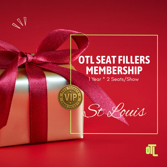 St Louis OTL Seat Fillers membership image with a gold gift box and red ribbon, promoting a 1 year membership with 2 seats per show.